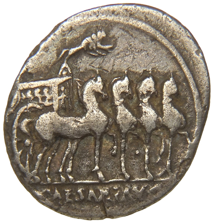 Augustus reverse — Slow quadriga right, with four miniature horses