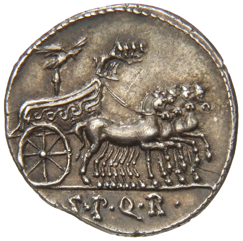 Augustus reverse — Slow quadriga right, with four miniature horses and aquila