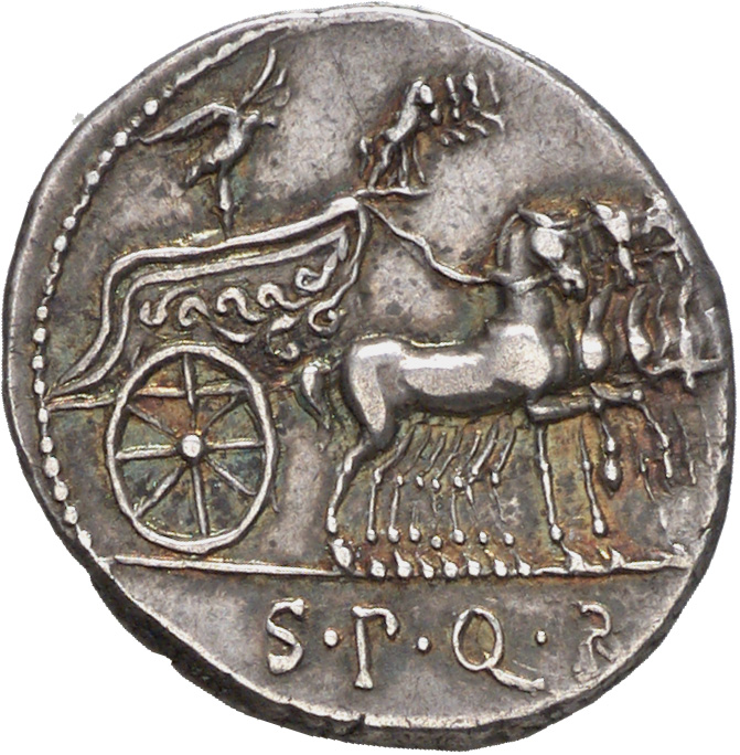 Augustus reverse — Slow quadriga right, with four miniature horses and aquila