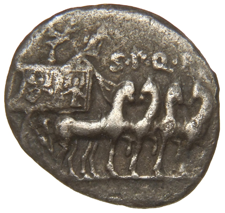 Augustus reverse — Slow quadriga right, with four miniature horses and aquila
