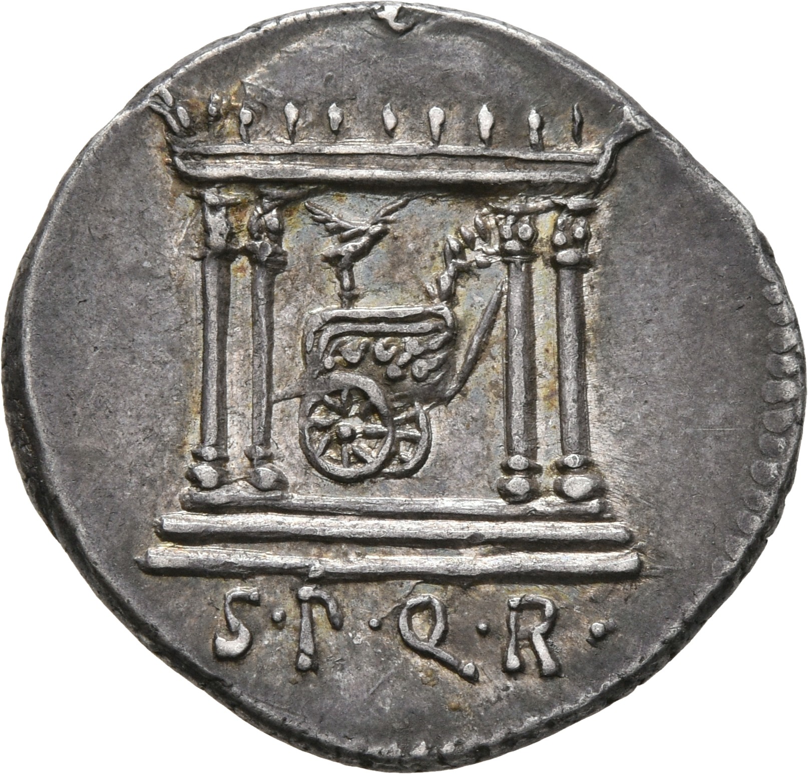RIC I (second edition) Augustus 115 Augustus reverse, Domed tetrastyle temple with triumphal currus standing within, right...
