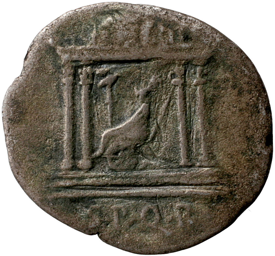 Augustus reverse — Domed tetrastyle temple with triumphal currus standing within, right, containing aquila and four miniature galloping horses