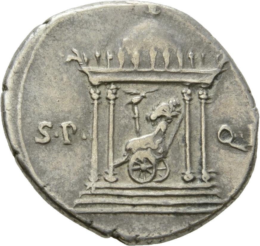 Augustus reverse — Domed tetrastyle temple with triumphal currus standing within, right, containing aquila and four miniature galloping horses