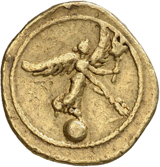 Augustus reverse — Victory, draped, standing right on globe, holding branch down in right hand and aquila in left
