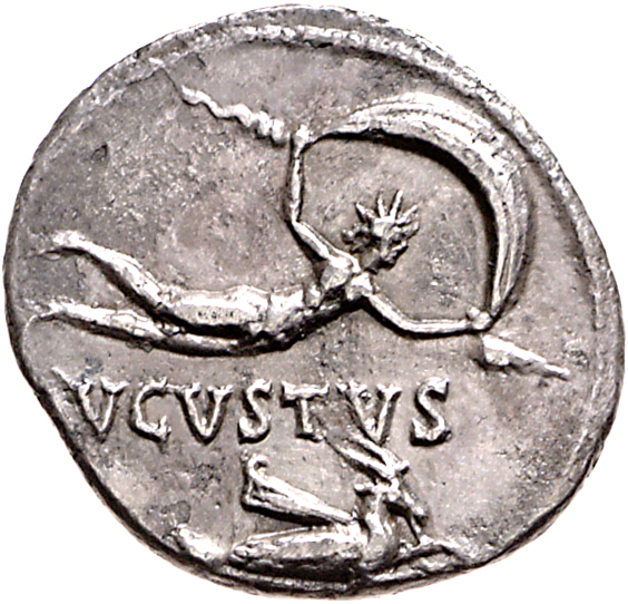 RIC I (second edition) Augustus 124 Augustus reverse, Aurora, radiate, flying right holding veil; capricorn right, with oa...