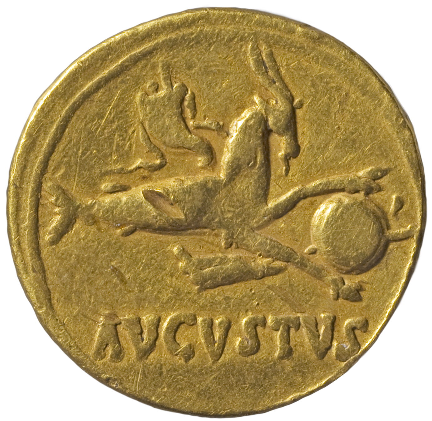 RIC I (second edition) Augustus 125 Augustus reverse, Capricorn right, holding globe with attached rudder, cornucopia above