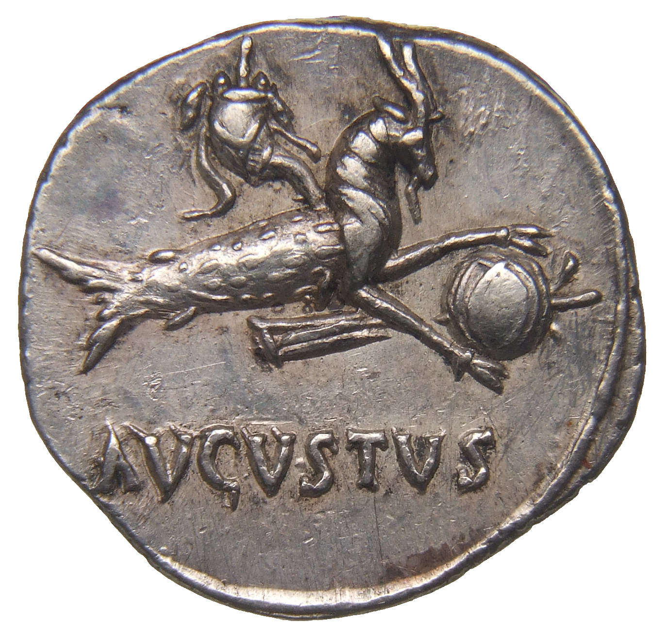RIC I (second edition) Augustus 126 Augustus reverse, Capricorn right, holding globe with attached rudder, cornucopia above