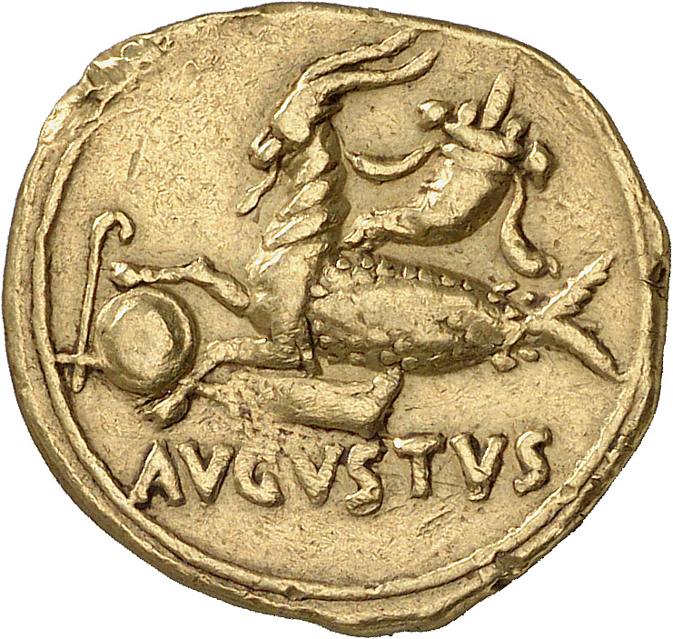 Augustus reverse — Capricorn left, holding globe with attached rudder, cornucopia above