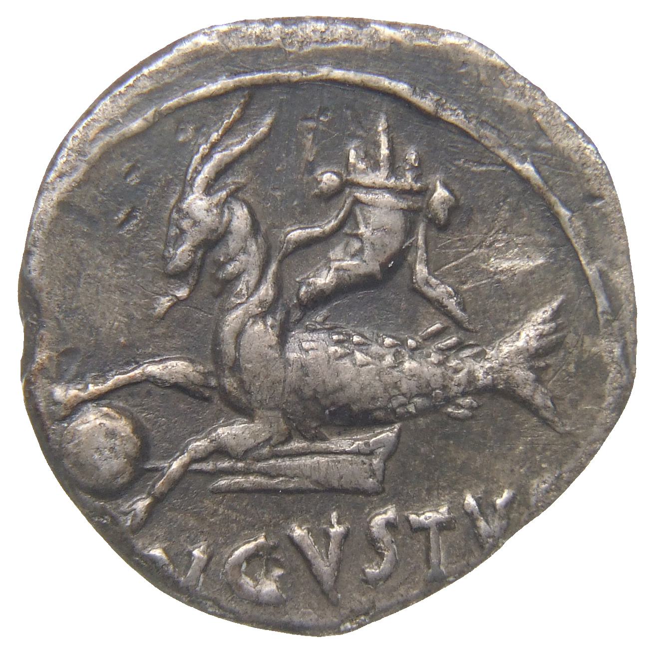 Augustus reverse — Capricorn left, holding globe with attached rudder, cornucopia above