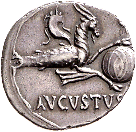 Augustus reverse — Capricorn right, holding globe with attached rudder, cornucopia above