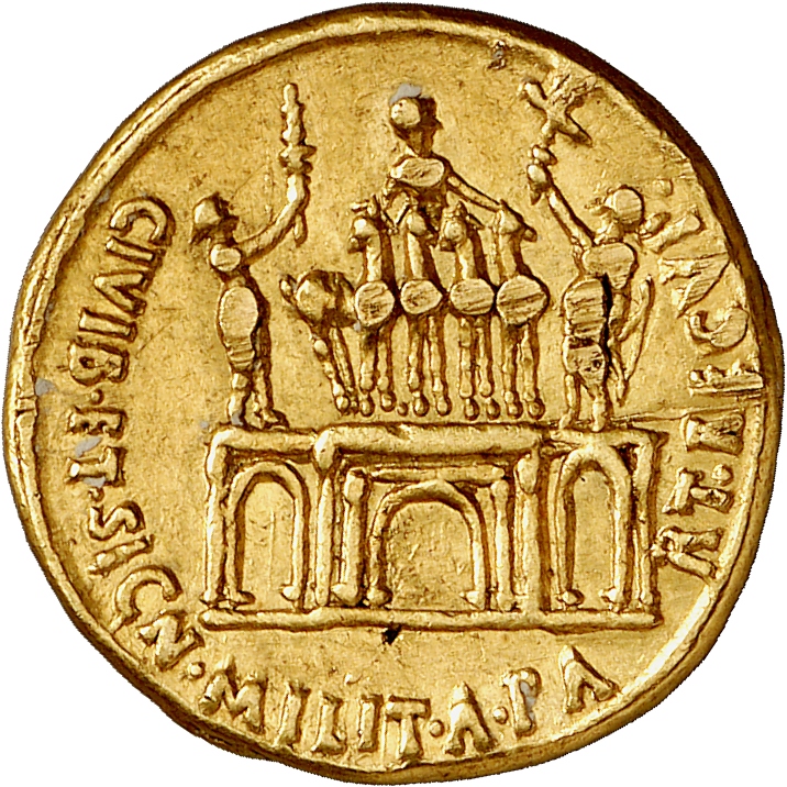 Augustus reverse — Triumphal arch surmounted by quadriga, figures to the right and left