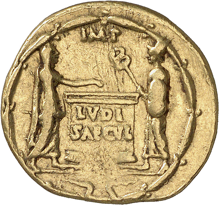 Augustus reverse — Altar inscribed LVDI/ SAECVL flanked by figure, togate and veiled, and herald holding caduceus; in oak-wreath
