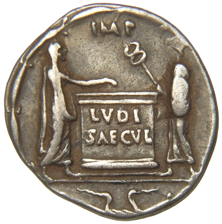 Augustus reverse — Altar inscribed LVDI/ SAECVL flanked by figure, togate and veiled, and herald holding caduceus; in oak-wreath