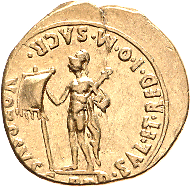 Augustus reverse — Mars, helmeted and cloaked, standing left, holding vexillum in right hand and parazonium on left shoulder