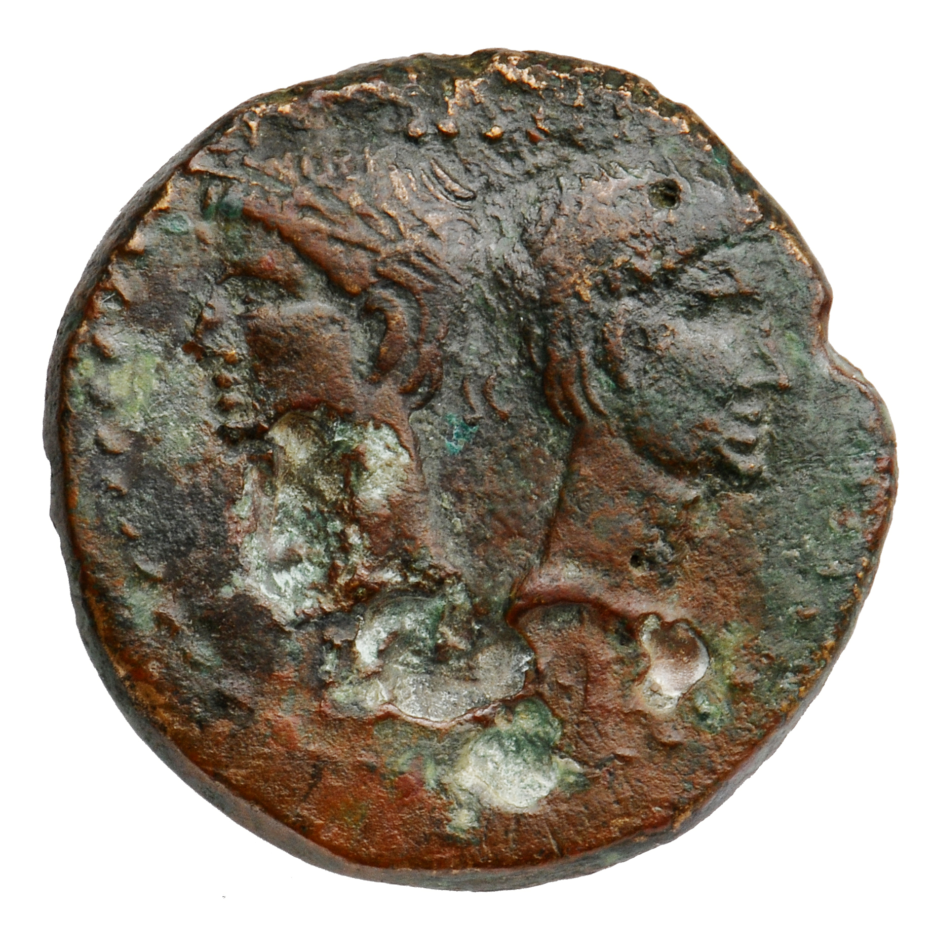 Augustus obverse — Heads of Agrippa (left) and Augustus (right) back to back, Agrippa wearing combined rostral crown and laurel wreath and Augustus is bare-headed