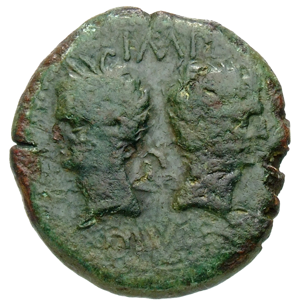 RIC I (second edition) Augustus 157 Augustus obverse, Heads of Agrippa (left) and Augustus (right) back to back, Agrippa w...