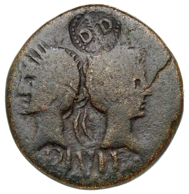 Augustus obverse — Heads of Agrippa (left) and Augustus (right) back to back, Agrippa wearing combined rostral crown and laurel wreath and Augustus is bare-headed