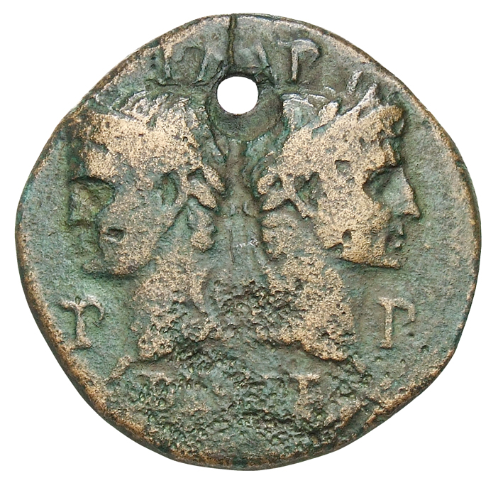 Augustus obverse — Heads of Agrippa (left) and Augustus (right) back to back Agrippa wearing combined rostral crown and laurel wreath and Augustus is laureate