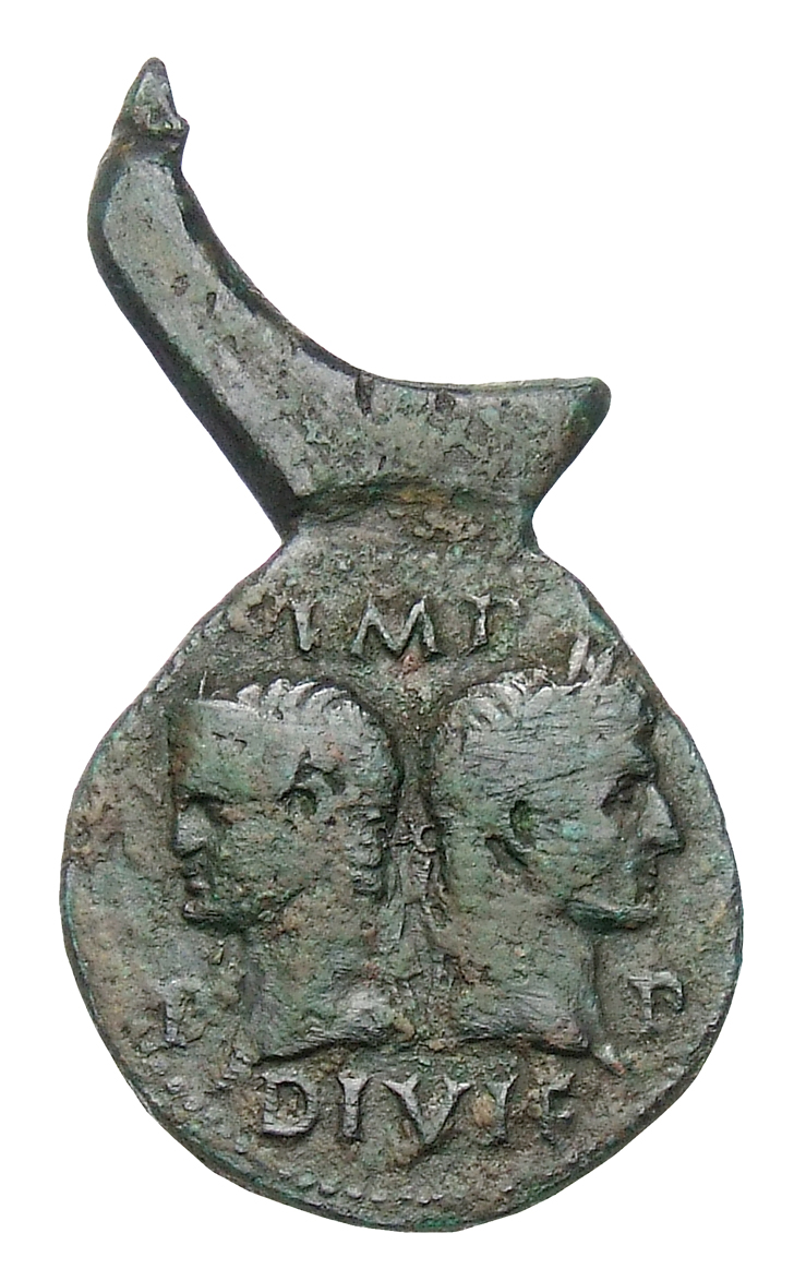 Augustus obverse — Heads of Agrippa (left) and Augustus (right) back to back Agrippa wearing combined rostral crown and laurel wreath and Augustus is laureate