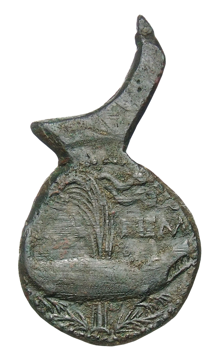 Augustus reverse — Crocodile chained to palm-shoot with long vertical fronds and tip left: above on left a wreath with long ties