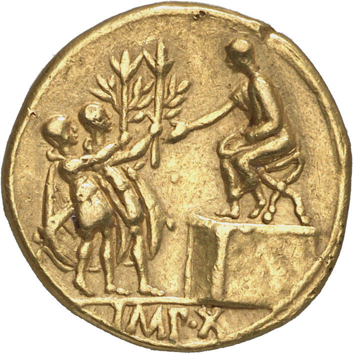 Augustus reverse — Augustus seated left, on platform, before two men carrying parazonia and offering olive branches