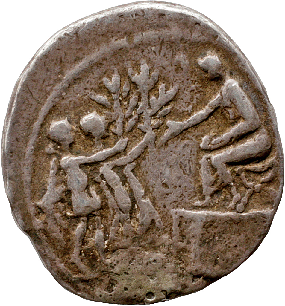 Augustus reverse — Augustus seated left, on platform, before two men carrying parazonia and offering olive branches