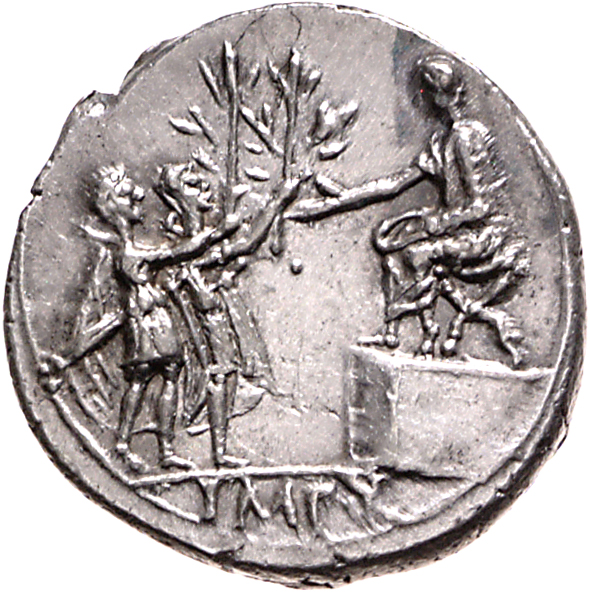 RIC I (second edition) Augustus 165B Augustus reverse — Augustus seated left, on platform, before two men carrying parazon...