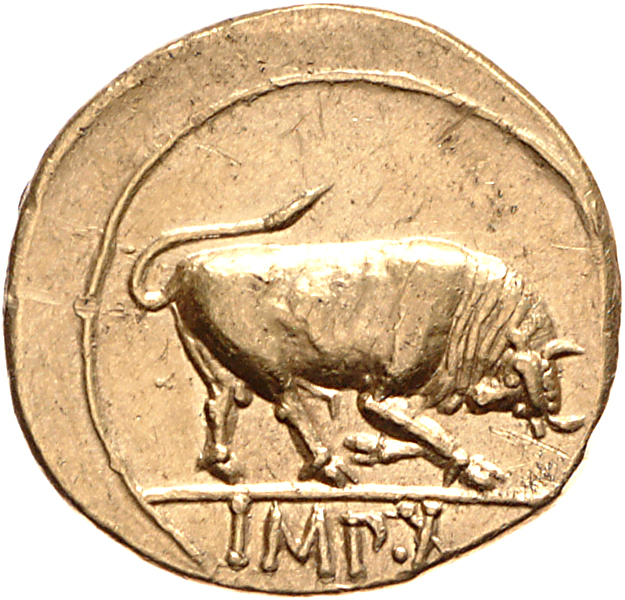 RIC I (second edition) Augustus 166A Augustus reverse, Bull butting right