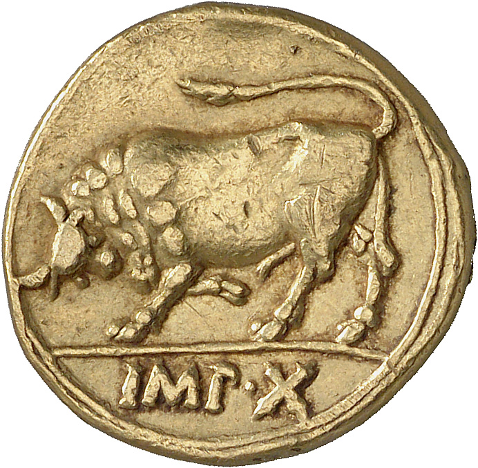 RIC I (second edition) Augustus 168 Augustus reverse, Bull butting left