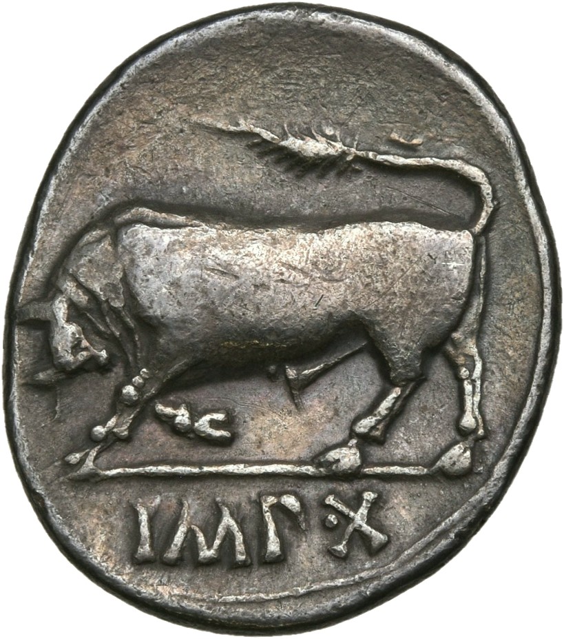 RIC I (second edition) Augustus 169 Augustus reverse, Bull butting left