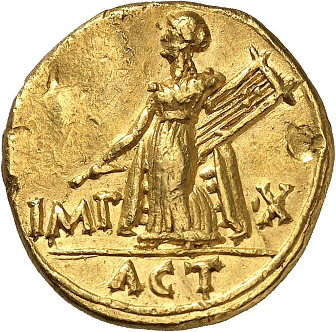 RIC I (second edition) Augustus 170 Augustus reverse, Apollo standing left, holding plectrum in right hand and lyre in lef...