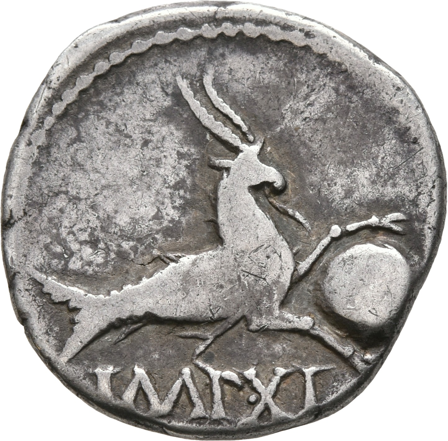 RIC I (second edition) Augustus 174 Augustus reverse — Capricorn right, holding globe