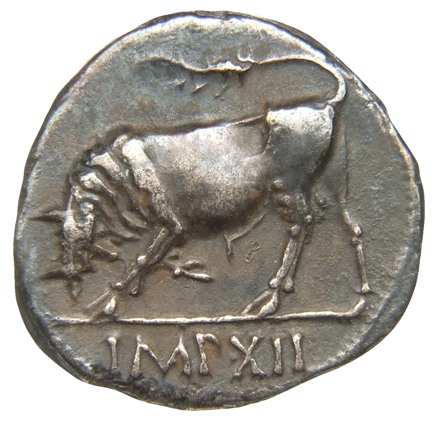 RIC I (second edition) Augustus 178A Augustus reverse, Bull butting left