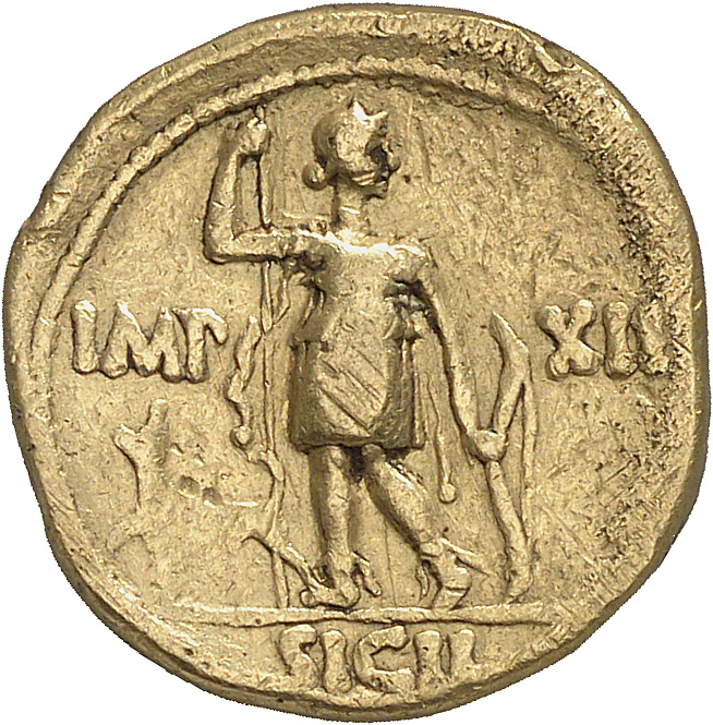 Augustus reverse — Diana, in tunic, standing at angle to left, leaning right hand on spear and holding bow in left; dog left