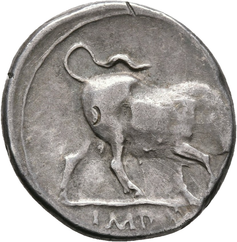 RIC I (second edition) Augustus 187A Augustus reverse, Bull butting right
