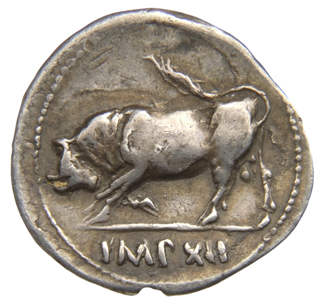 RIC I (second edition) Augustus 189A Augustus reverse, Bull butting left