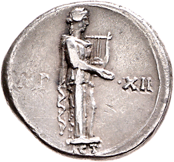 RIC I (second edition) Augustus 193B Augustus reverse, Apollo standing right, holding plectrum in right hand and lyre in l...