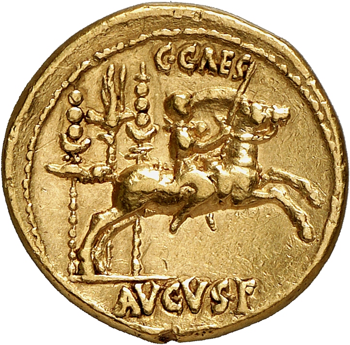 RIC I (second edition) Augustus 198 Augustus reverse, Gaius Caesar galloping right, holding sword and shield in left hand,...