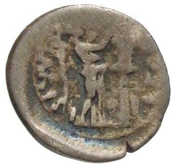 Augustus reverse — Victory standing right, placing wreath on trophy with dagger and sword at base