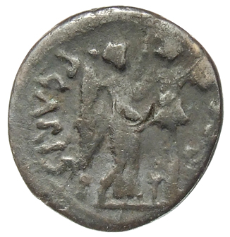 Augustus reverse — Victory standing right, placing wreath on trophy with dagger and sword at base