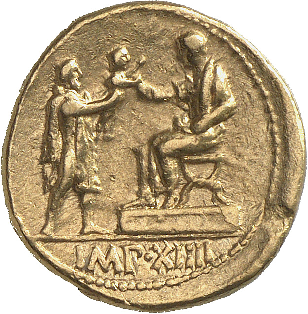 Augustus reverse — Augustus, togate, seated left on platform, receiving child from standing barbarian