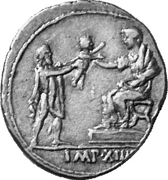 RIC I (second edition) Augustus 201A Augustus reverse, Augustus, togate, seated left on platform, receiving child from sta...