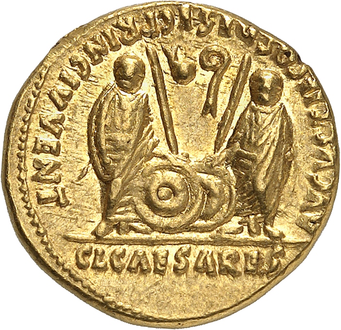 RIC I (second edition) Augustus 206 Augustus reverse, Gaius and Lucius Caesar standing, each, togate, resting hand on shie...