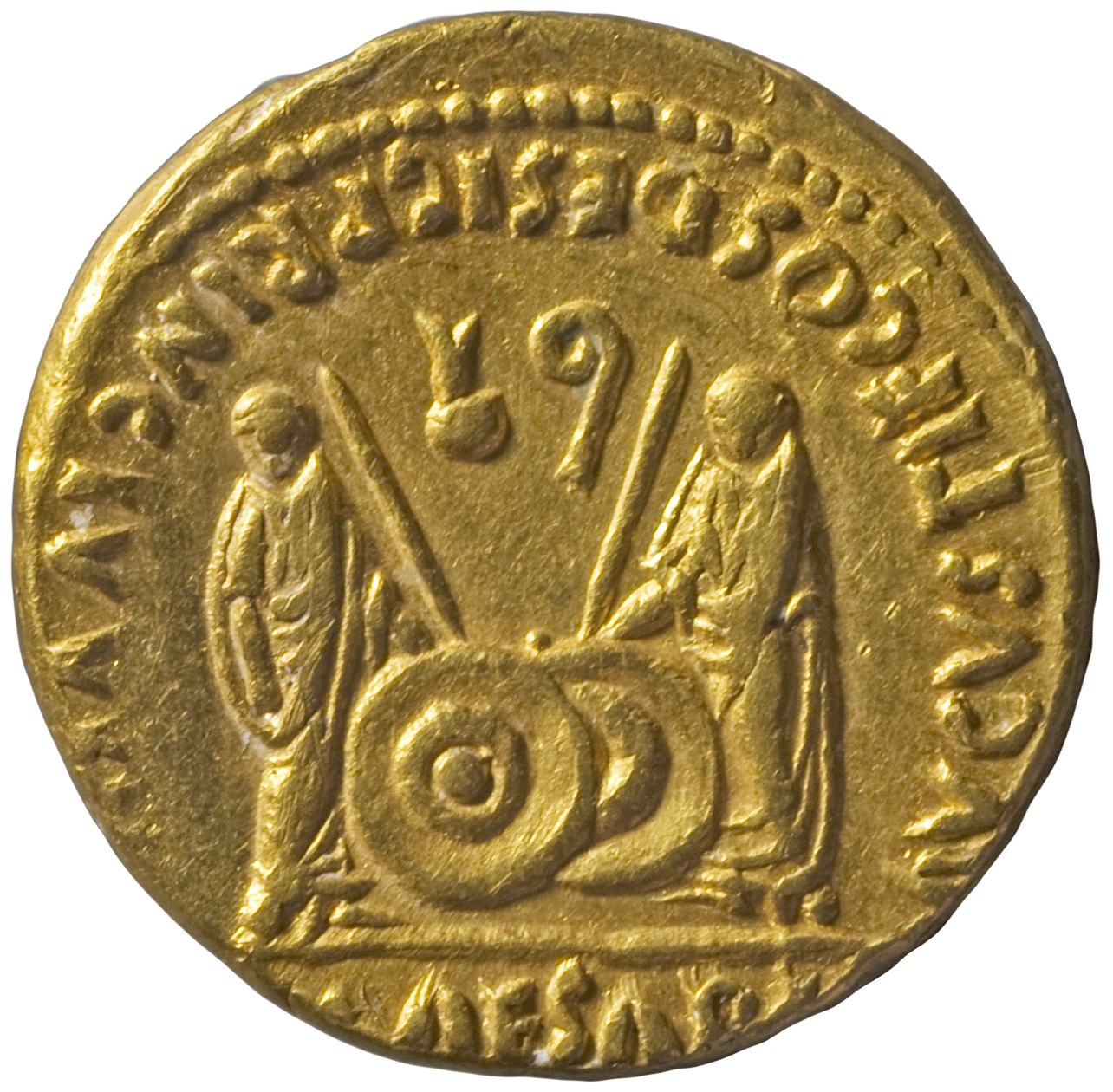 RIC I (second edition) Augustus 206 Augustus reverse — Gaius and Lucius Caesar standing, each, togate, resting hand on shi...