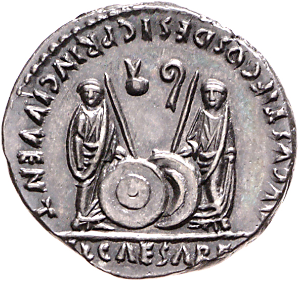RIC I (second edition) Augustus 207 Augustus reverse, Gaius and Lucius Caesar standing, each, togate, resting hand on shie...