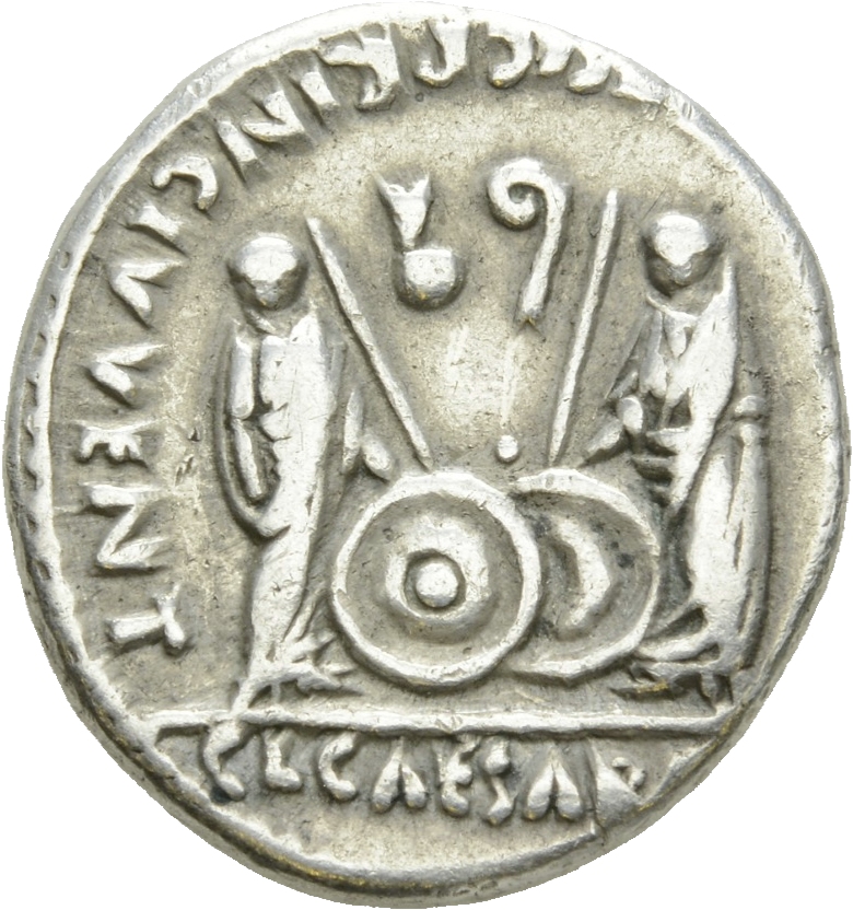 Augustus reverse — Gaius and Lucius Caesar standing, each, togate, resting hand on shield and spear, simpulum, right, and lituus, left, flanking, left and right respectively