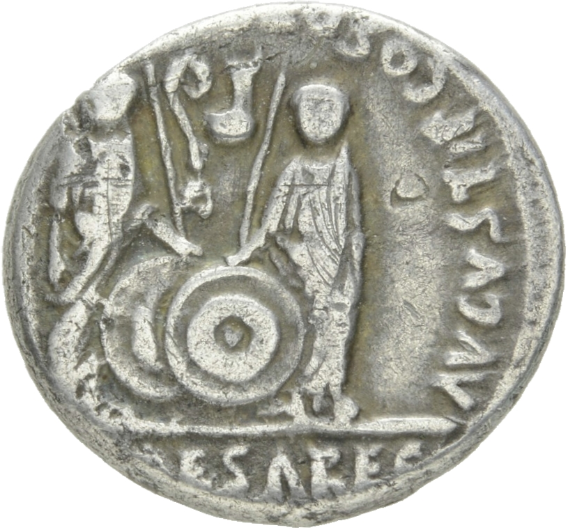 Augustus reverse — Gaius and Lucius Caesar standing, each, togate, resting hand on shield and spear, simpulum, left, and lituus, right, flanking, right and left respectively