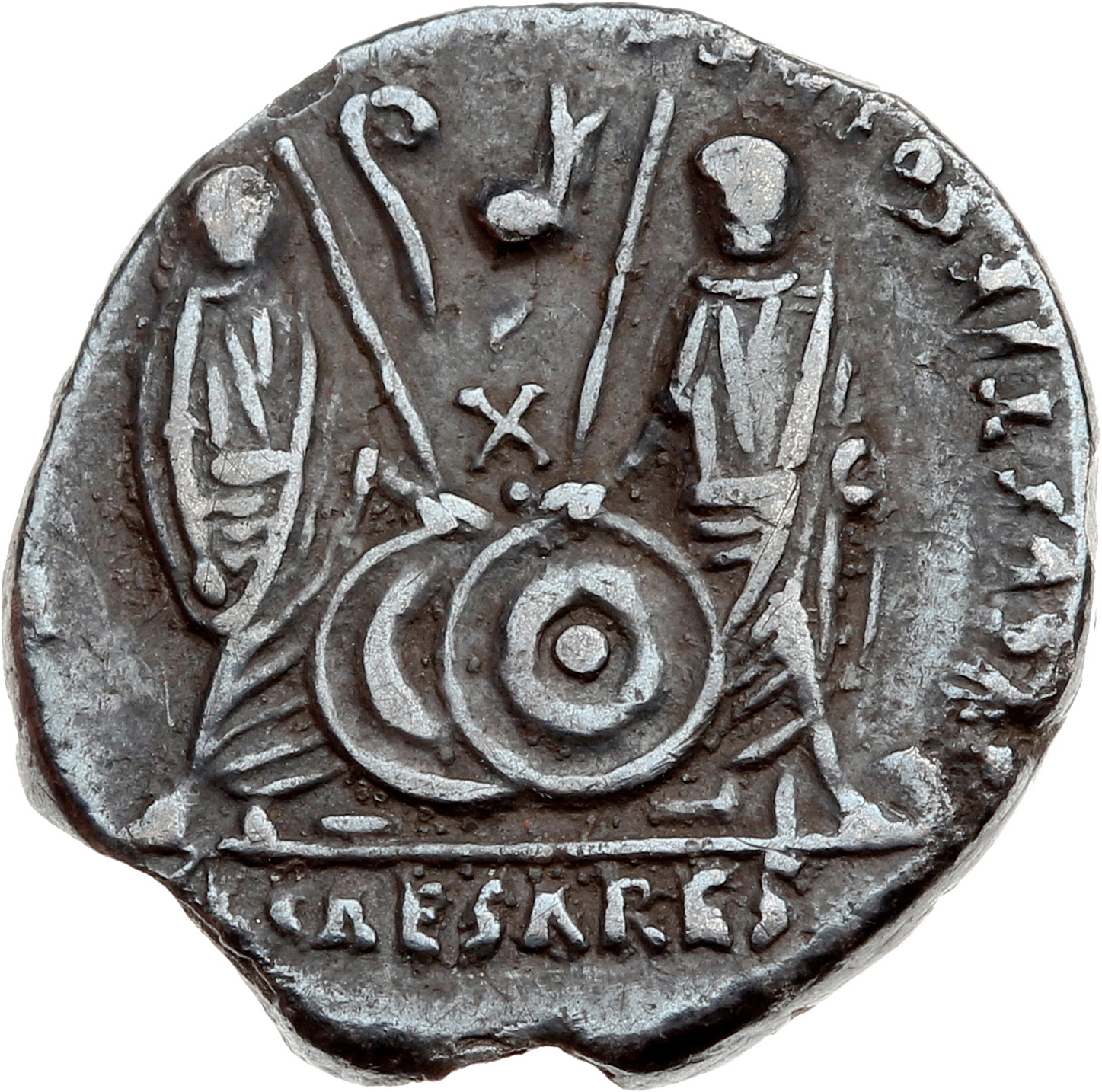 RIC I (second edition) Augustus 211 Augustus reverse, Gaius and Lucius Caesar standing, each, togate, resting hand on shie...