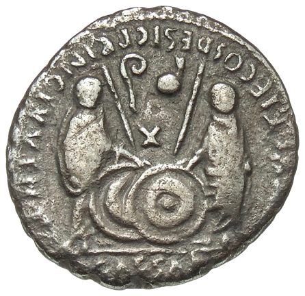RIC I (second edition) Augustus 212 Augustus reverse, Gaius and Lucius Caesar standing, each, togate, resting hand on shie...