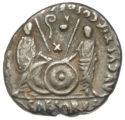 Augustus reverse — Gaius and Lucius Caesar standing, each, togate, resting hand on shield and spear, simpulum, left, and lituus, right, flanking, right and left respectively; X below each